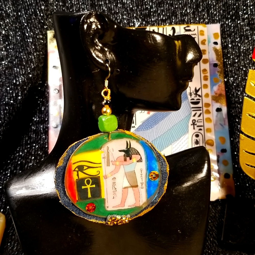 Egyptian diety anubis paper jewelry water Resistant demin fabric earrings